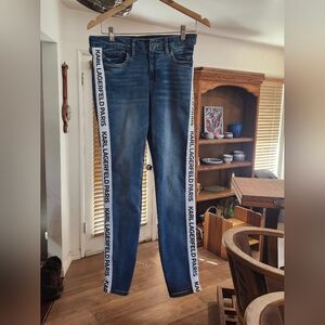 Karl Lagerfeld Blue Denim Logo'd Seam Stretch Pants In Women's Size 8